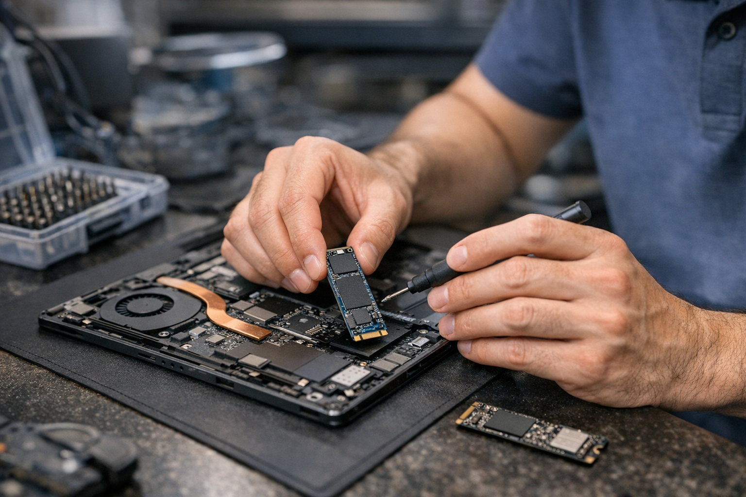 Cận cảnh quá trình kỹ thuật viên thay thế linh kiện ổ cứng SSD cho Surface