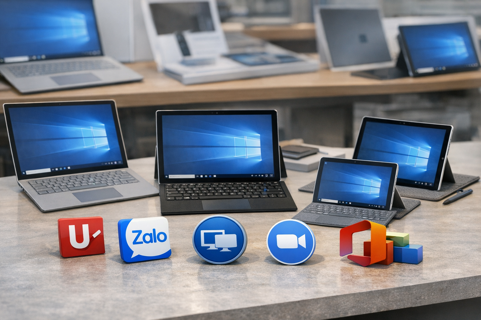 Các loại máy tính xách tay và máy tính bảng Surface trưng bày cùng các bộ phần mềm văn phòng