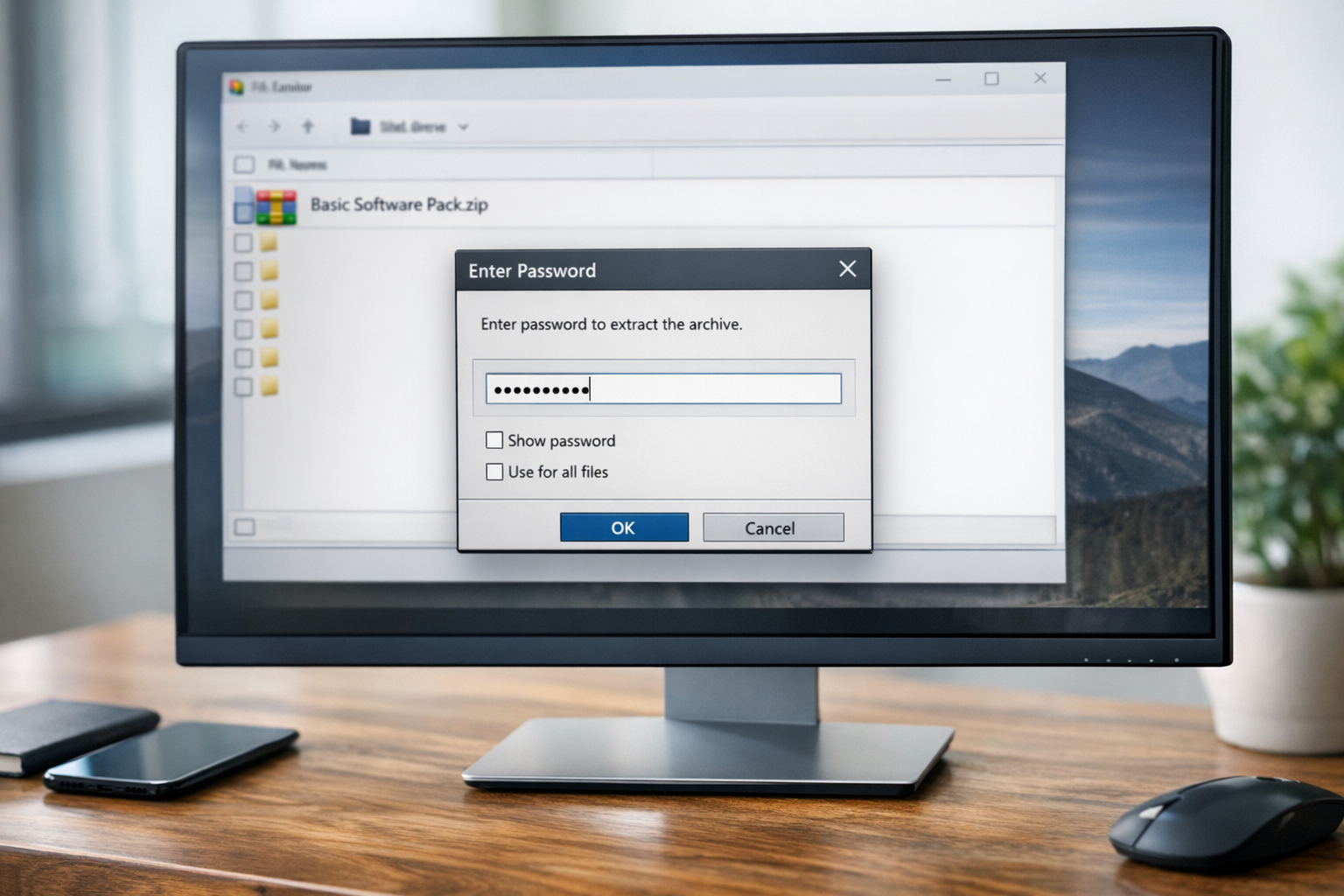 Màn hình máy tính hiển thị tệp tin nén và bảng thông báo nhập mật khẩu để giải nén phần mềm
