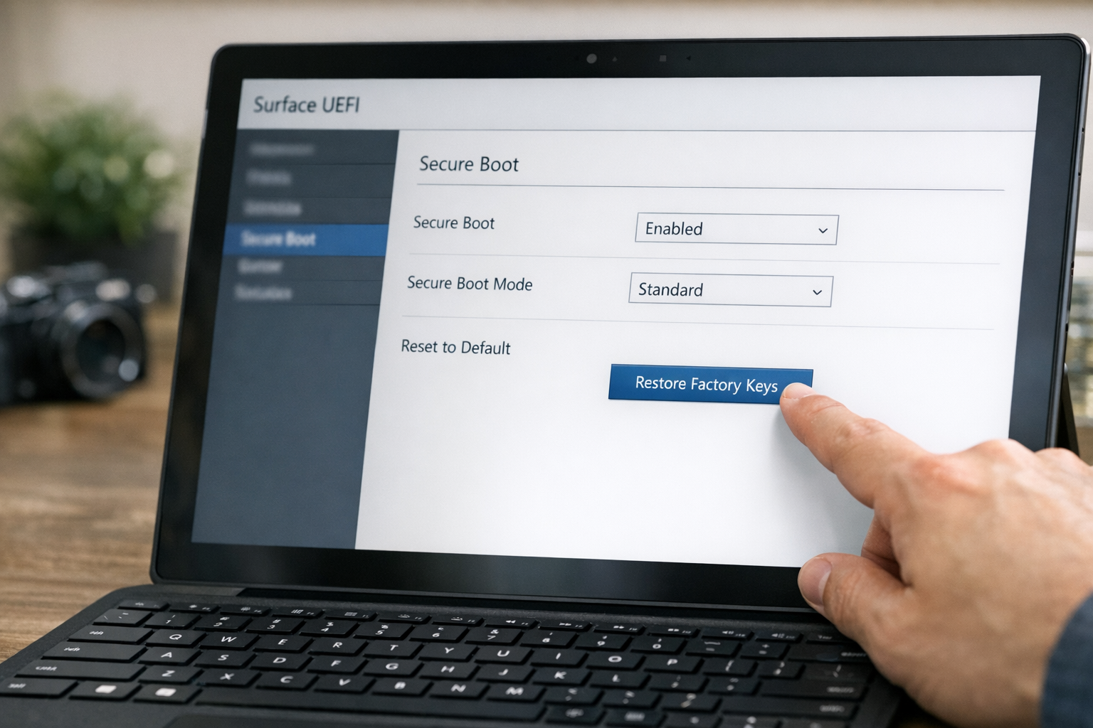 Cấu hình tính năng Secure Boot trong giao diện phần mềm hệ thống Surface UEFI.