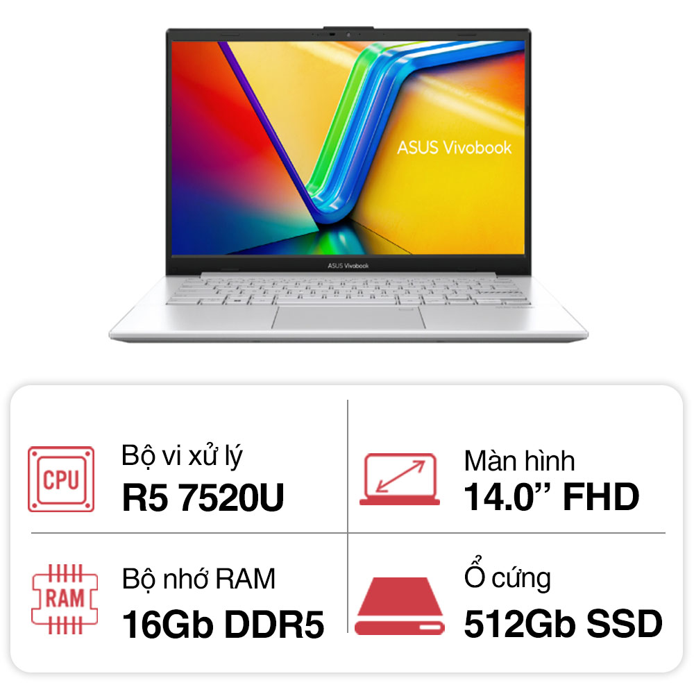 Laptop Asus Vivobook Go 14 E1404FA-NK177W (Ryzen™ 5-7520U | 16GB | 512GB | AMD Radeon™ Graphics | 14 inch FHD | Win 11 | Bạc)