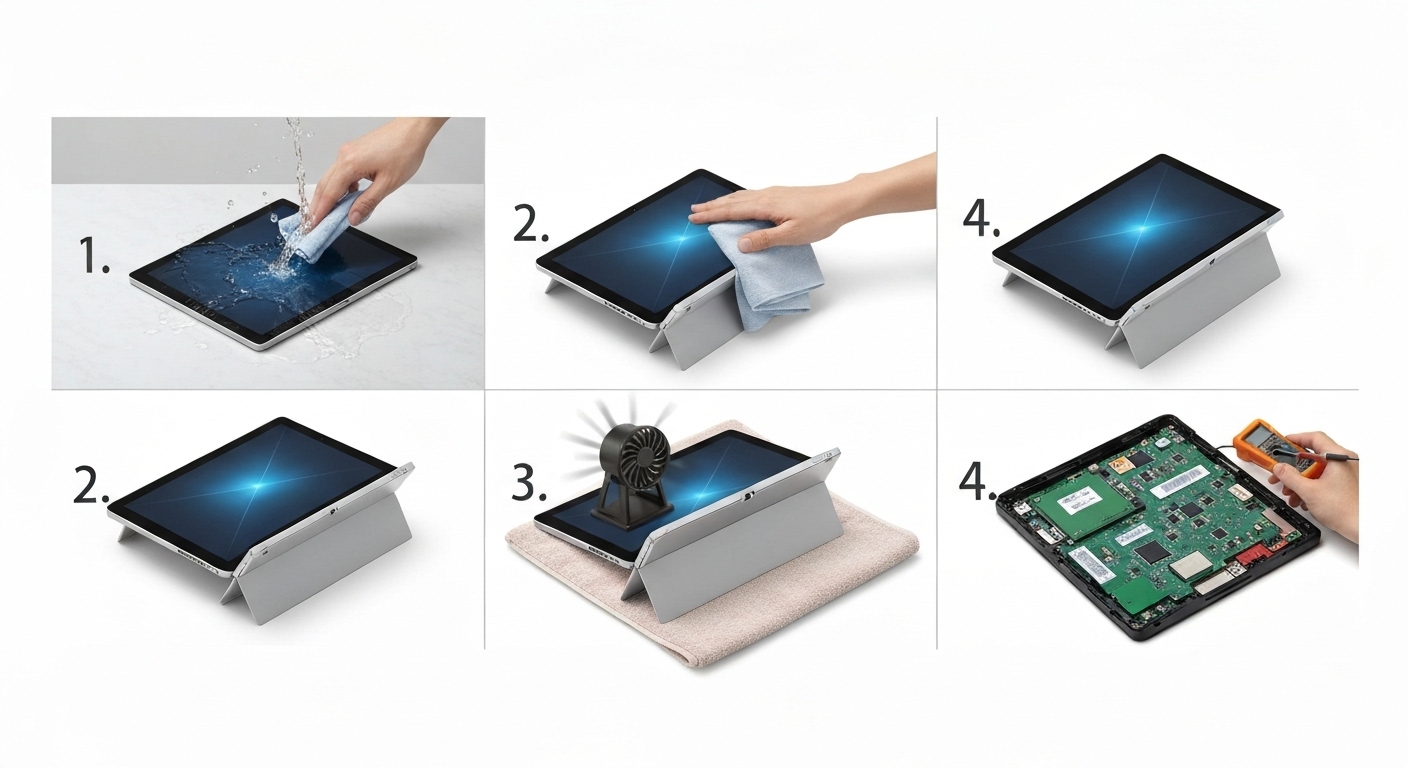 Hình ảnh minh họa các bước xử lý nhanh khi Surface bị dính nước.