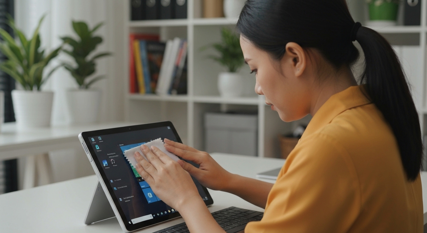 Hướng dẫn các bước vệ sinh màn hình Surface đúng cách để tránh gây trầy xước.