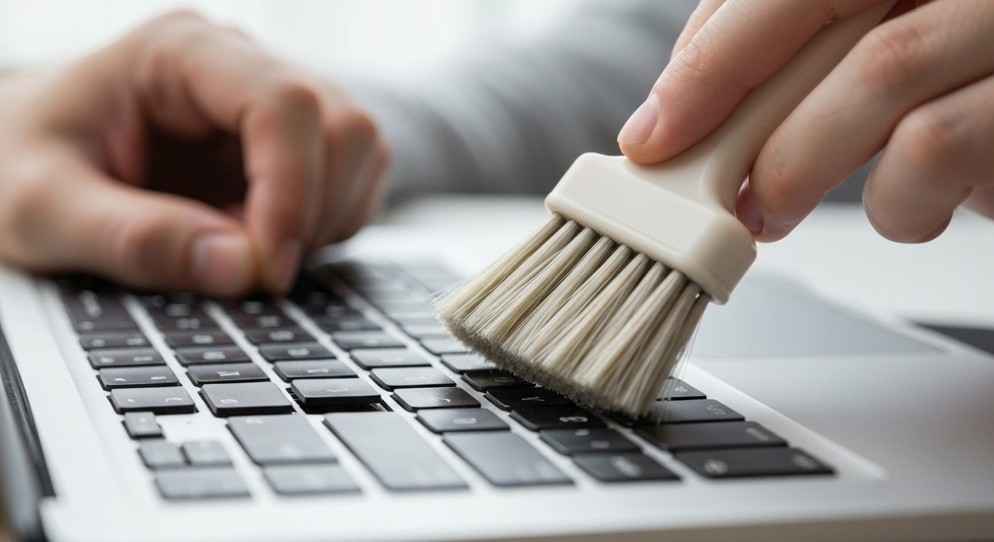 Ảnh minh họa cách làm sạch bàn phím laptop bằng cọ mềm.
