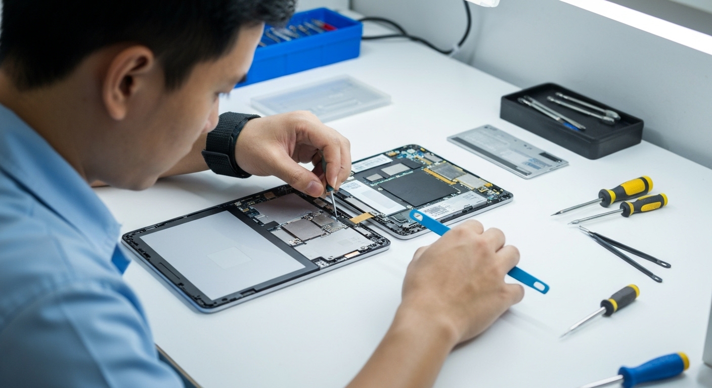 Kỹ thuật viên chuyên nghiệp đang kiểm tra và sửa chữa Surface.