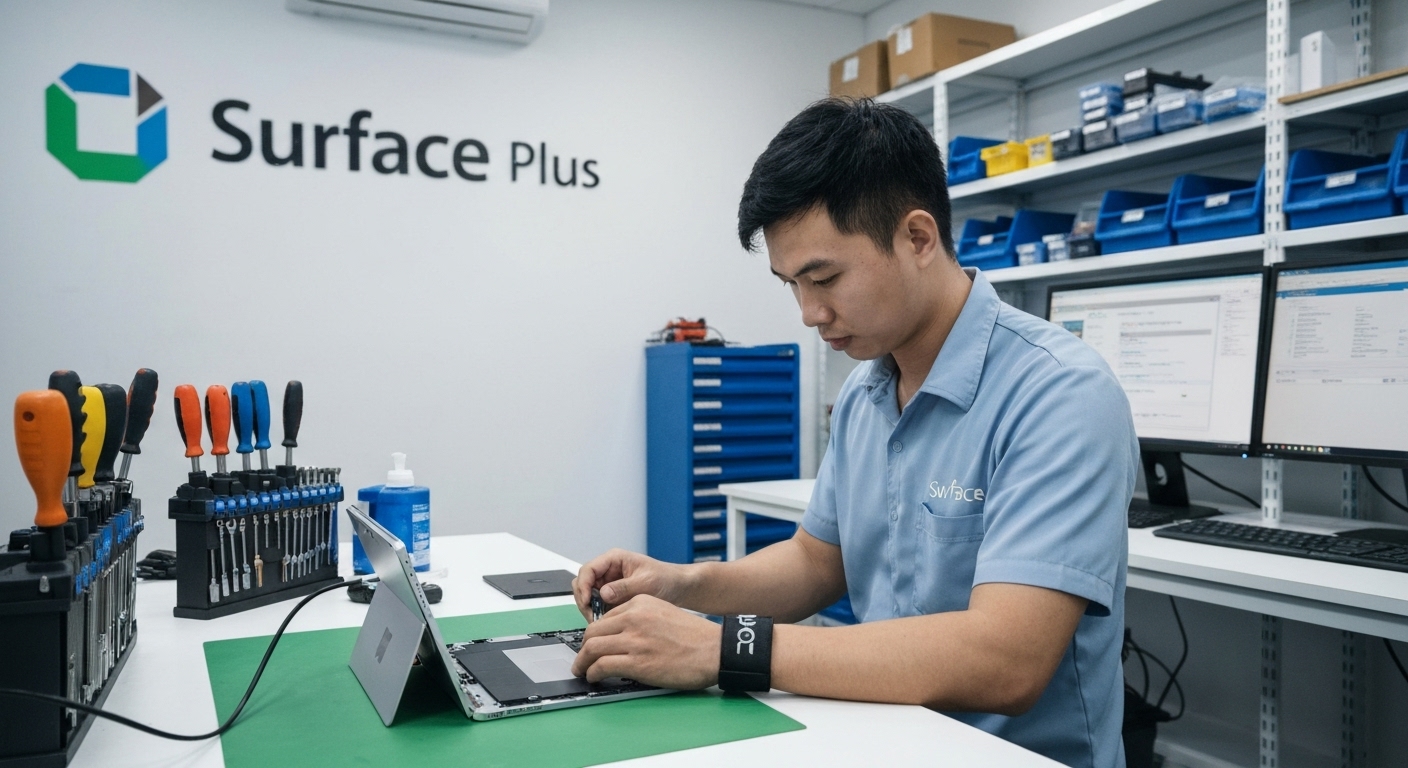 Hình ảnh minh họa trung tâm sửa chữa Surface Plus với kỹ thuật viên đang làm việc.