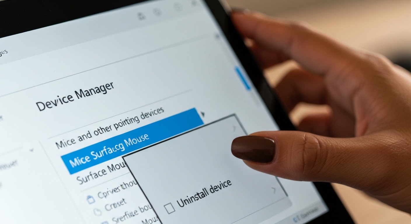 Hình ảnh minh họa quá trình gỡ cài đặt driver chuột trong Device Manager trên Surface.