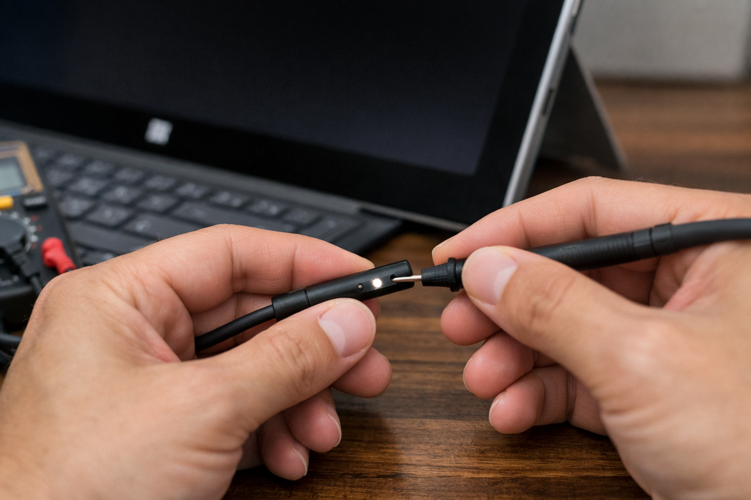 Cận cảnh kiểm tra đèn LED trên cáp sạc Surface Connect để đảm bảo nguồn điện