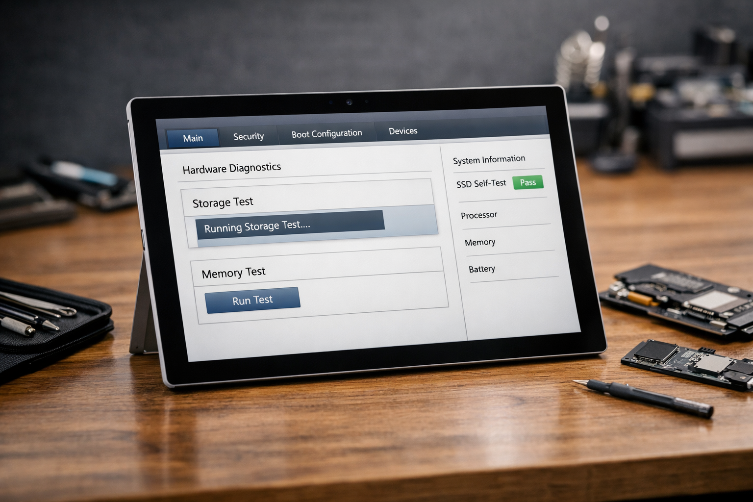 Màn hình hiển thị giao diện cấu hình UEFI trên Surface để kiểm tra ổ cứng và phần cứng