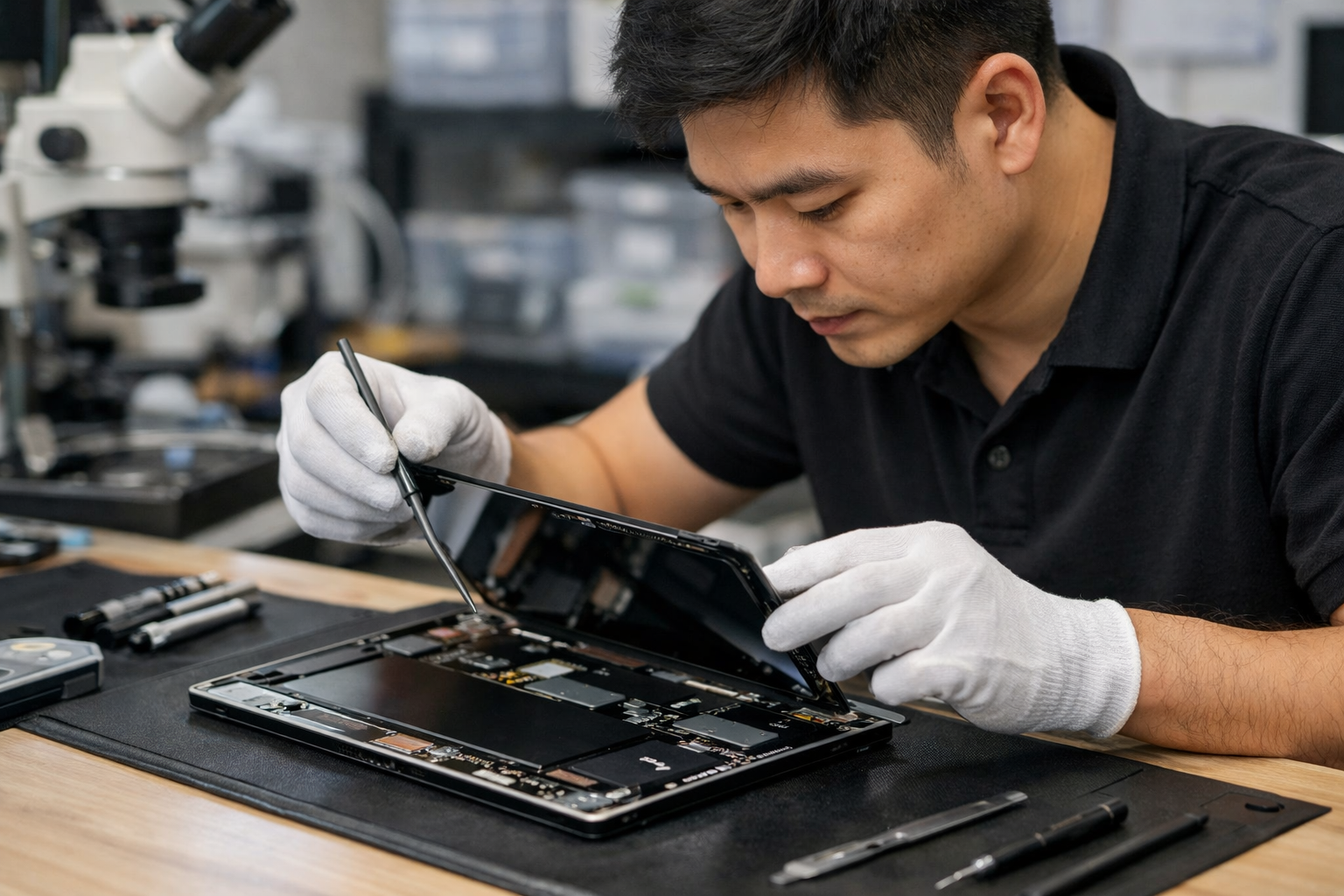 Kỹ thuật viên đang tháo lắp màn hình Surface Pro một cách tỉ mỉ để không làm hỏng linh kiện bên trong