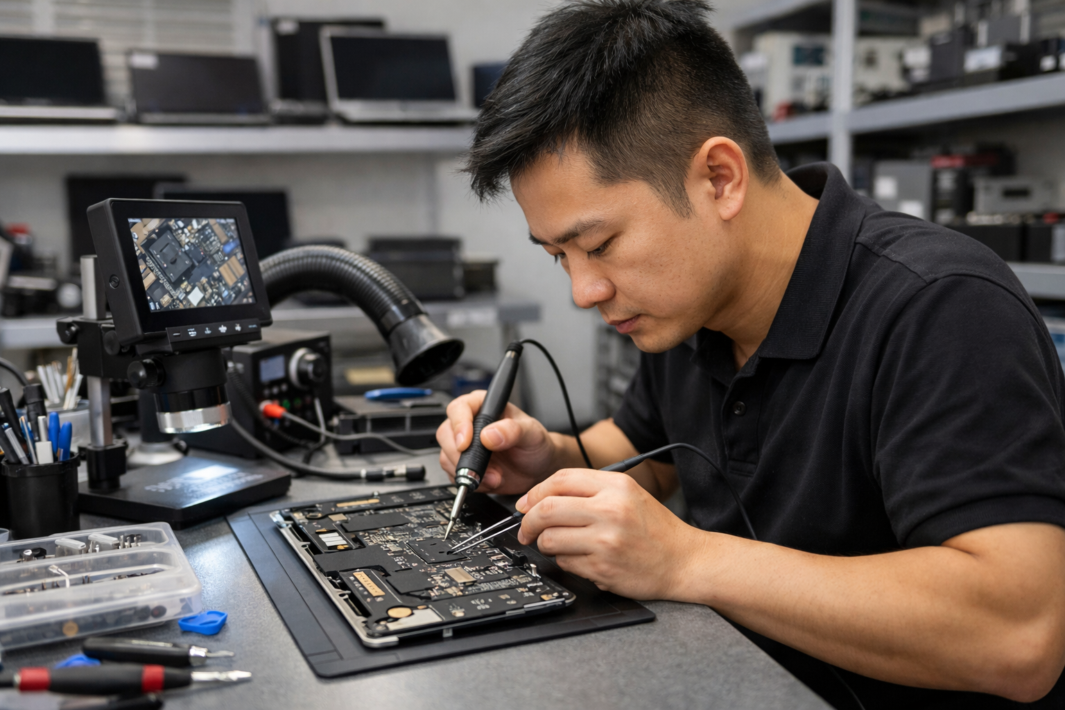 Kỹ thuật viên tại trung tâm Surface Plus đang thực hiện sửa chữa bo mạch chủ cho Surface