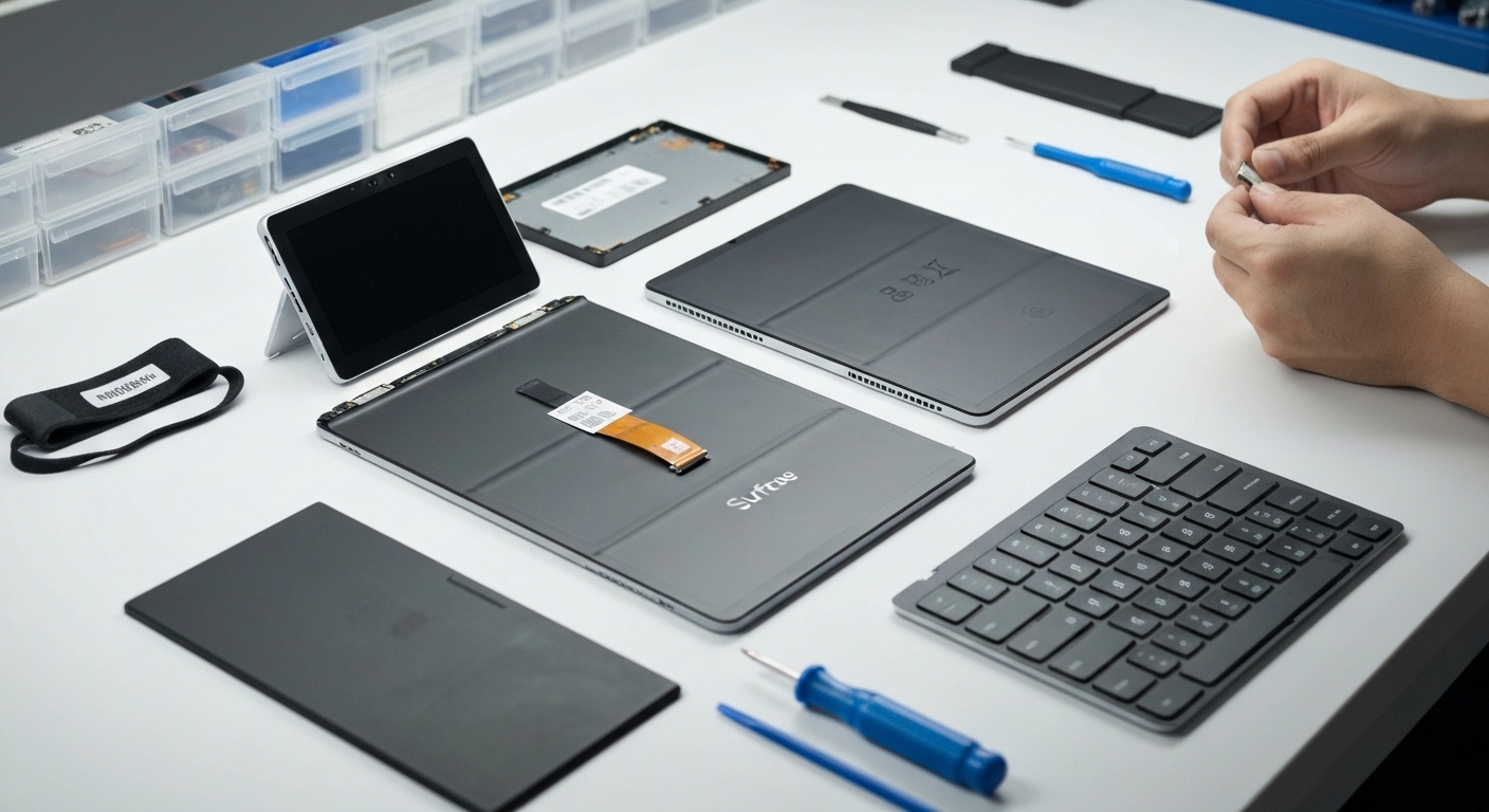 Hình ảnh các linh kiện Surface chính hãng như màn hình, pin, bàn phím.