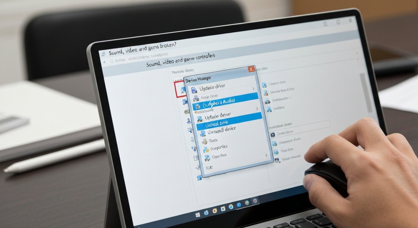 Hình ảnh minh họa cách cập nhật driver mic trên Surface thông qua Device Manager.