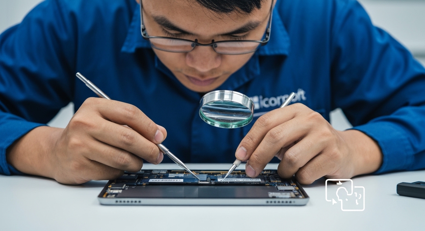 Hình ảnh kỹ thuật viên đang sửa chữa Surface, biểu tượng sửa chữa.