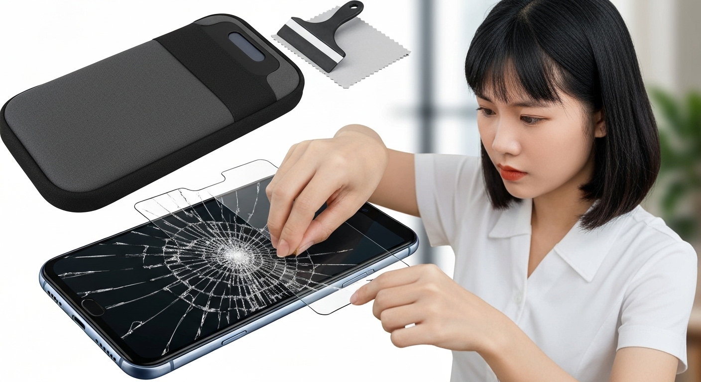 Hình ảnh minh họa các biện pháp bảo vệ màn hình Surface, như sử dụng túi chống sốc và dán màn hình cường lực.