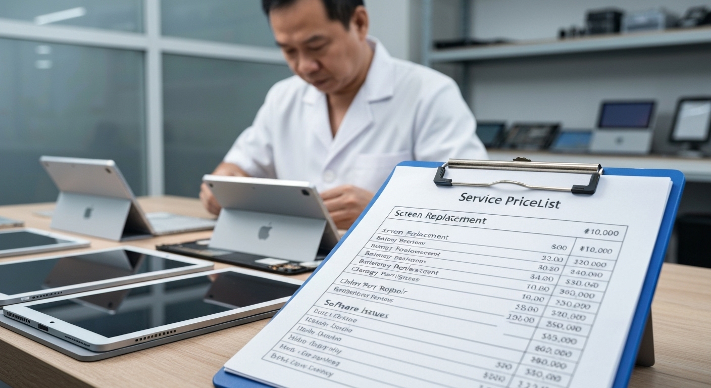 Hình ảnh minh họa bảng giá dịch vụ sửa chữa Surface với các chi phí khác nhau.