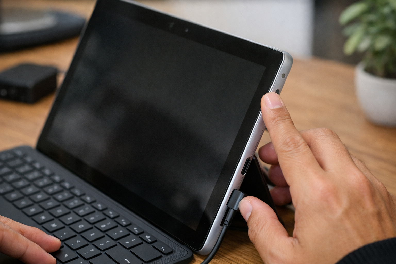 Thao tác nhấn giữ nút nguồn trên thiết bị Surface để thực hiện khởi động lại máy giúp xử lý xung đột driver sạc pin