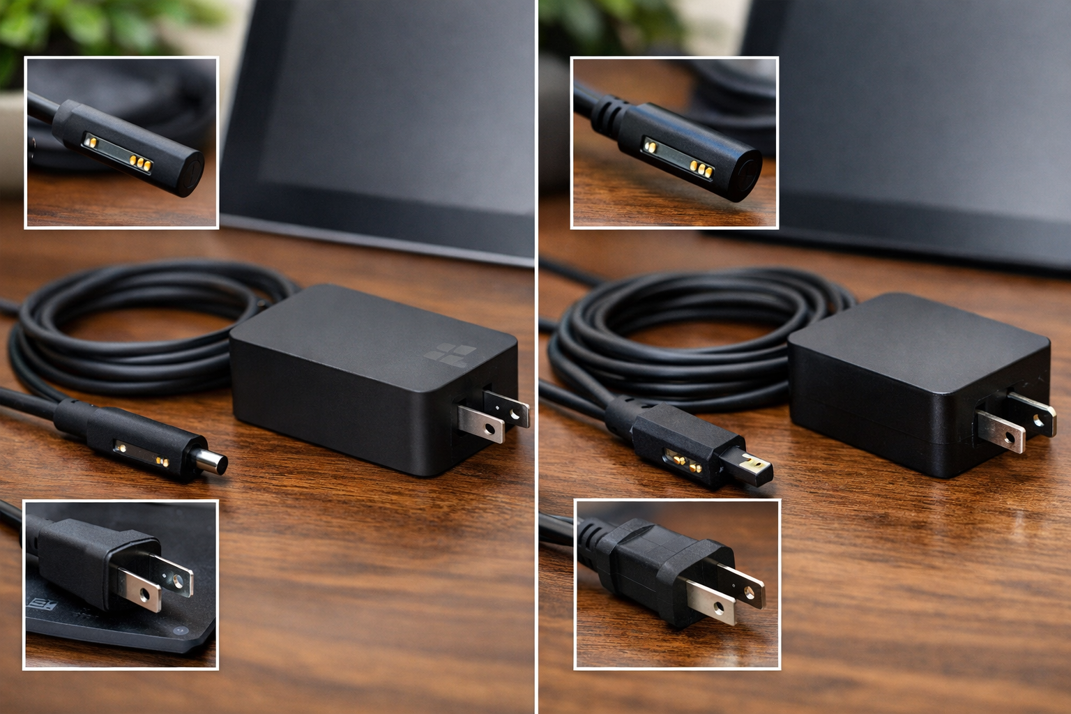 So sánh chi tiết các đặc điểm nhận dạng giữa bộ sạc Surface chính hãng của Microsoft và bộ sạc nhái kém chất lượng