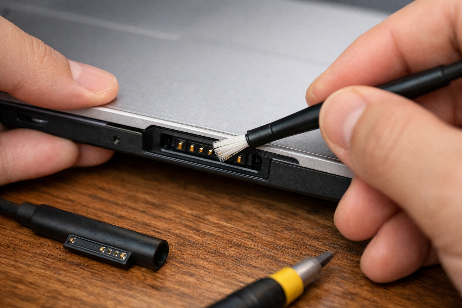 Cận cảnh quá trình kiểm tra và dùng cọ vệ sinh các chân tiếp xúc của cổng sạc Surface để đảm bảo nhận điện