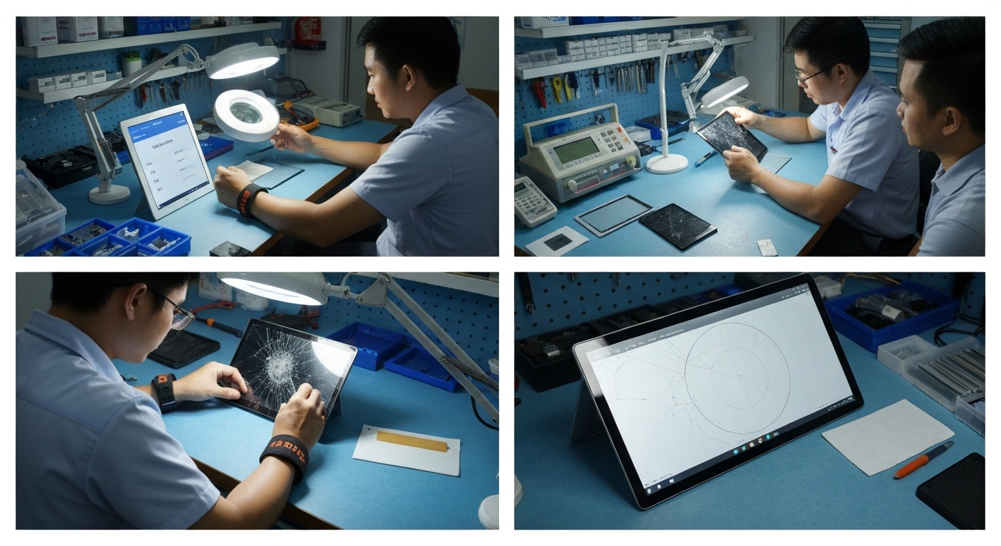 Quy trình thay màn hình Surface Go tại một trung tâm sửa chữa, bao gồm kiểm tra, báo giá, thay thế, và kiểm tra lại.
