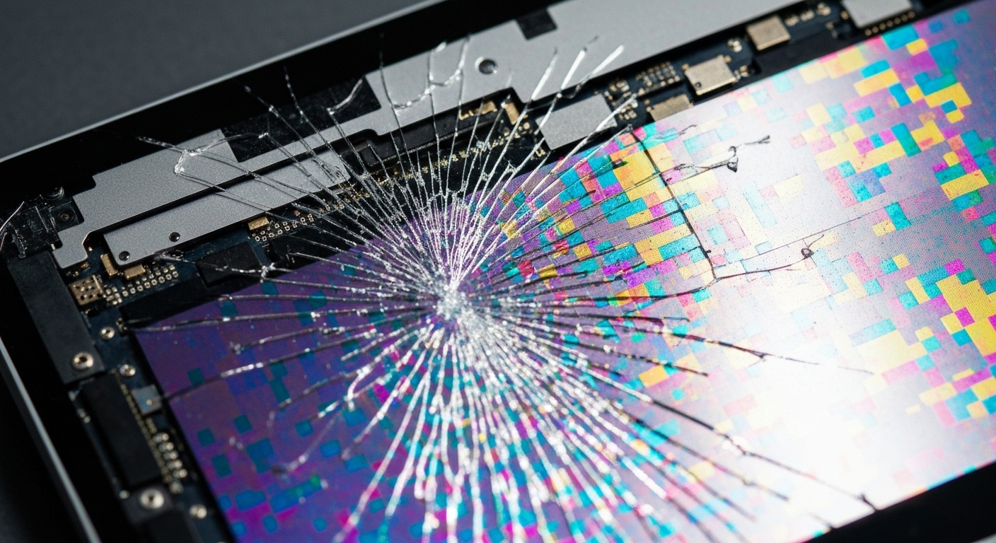 Hình ảnh cận cảnh một màn hình Surface Pro bị nứt và loang màu.