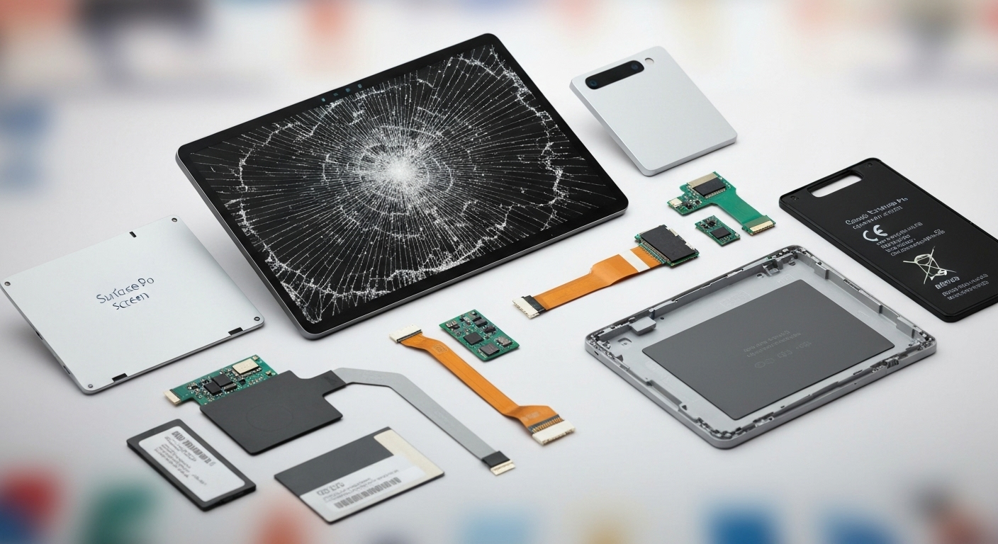 Hình ảnh một số linh kiện Surface Pro chính hãng, bao gồm màn hình, pin, và các bộ phận khác.