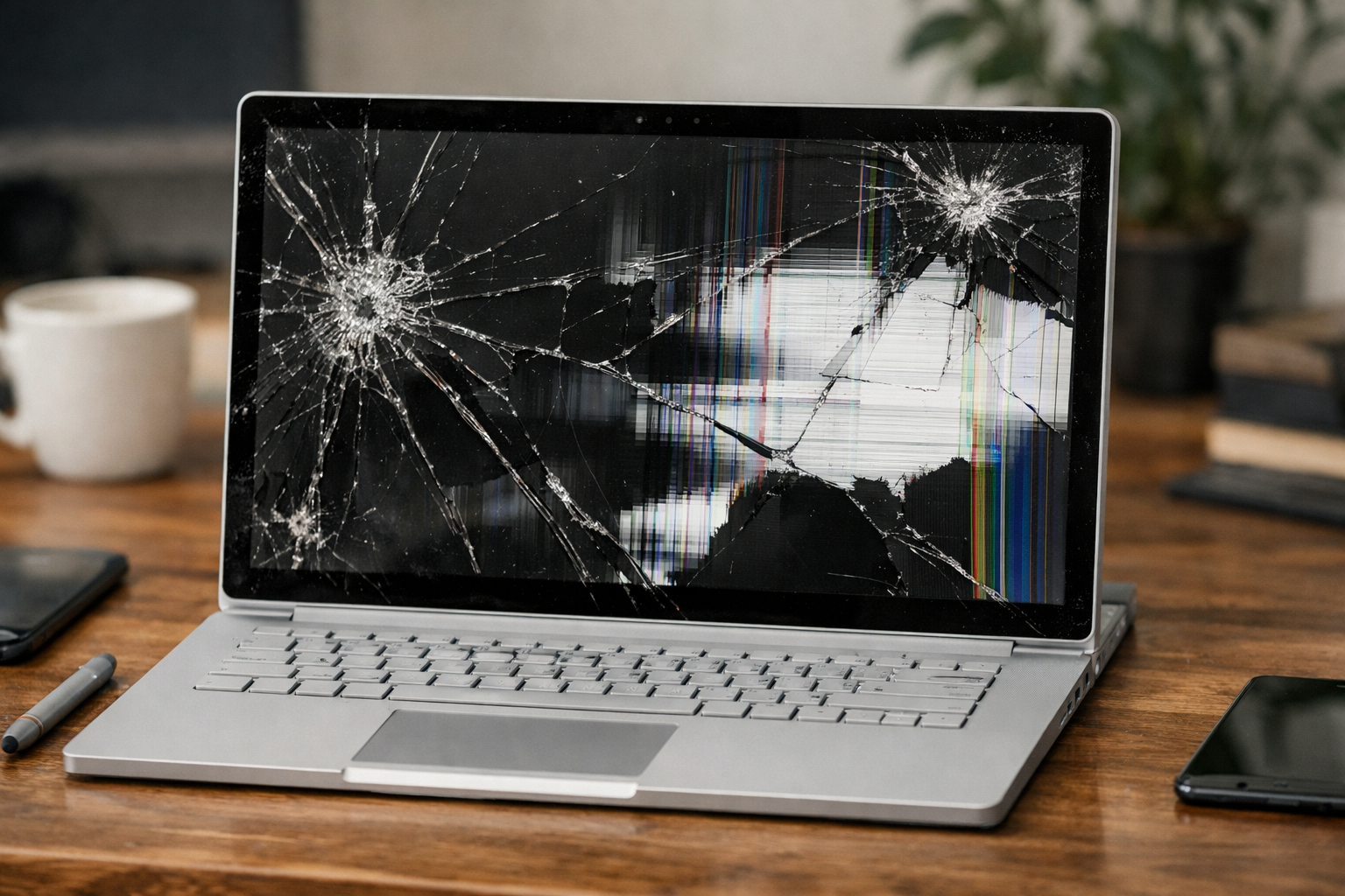 Màn hình Surface Book bị nứt vỡ nghiêm trọng gây ảnh hưởng đến khả năng hiển thị và làm việc.