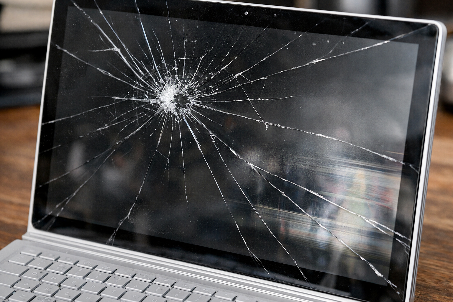 Cận cảnh các vết nứt vỡ trên bề mặt kính của Surface Book do tác động ngoại lực.