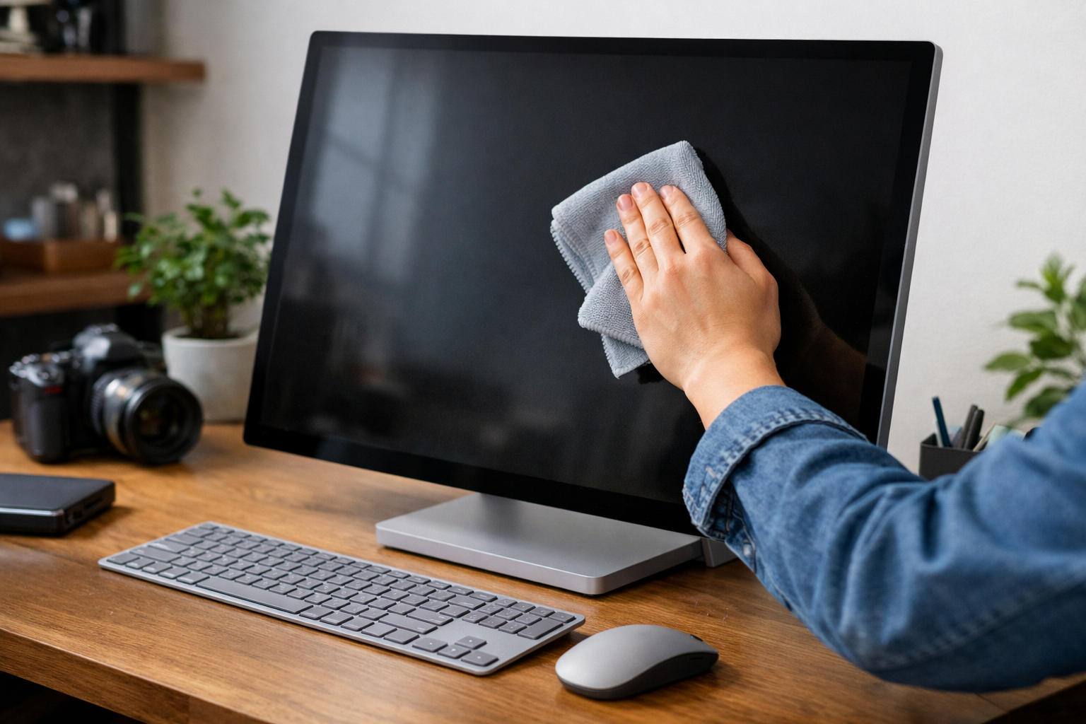 Người dùng đang vệ sinh màn hình Surface Studio bằng khăn mềm