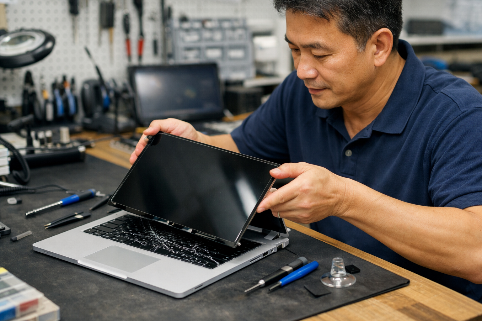 Kỹ thuật viên giàu kinh nghiệm đang tiến hành thay màn hình mới cho máy tính Surface Book.