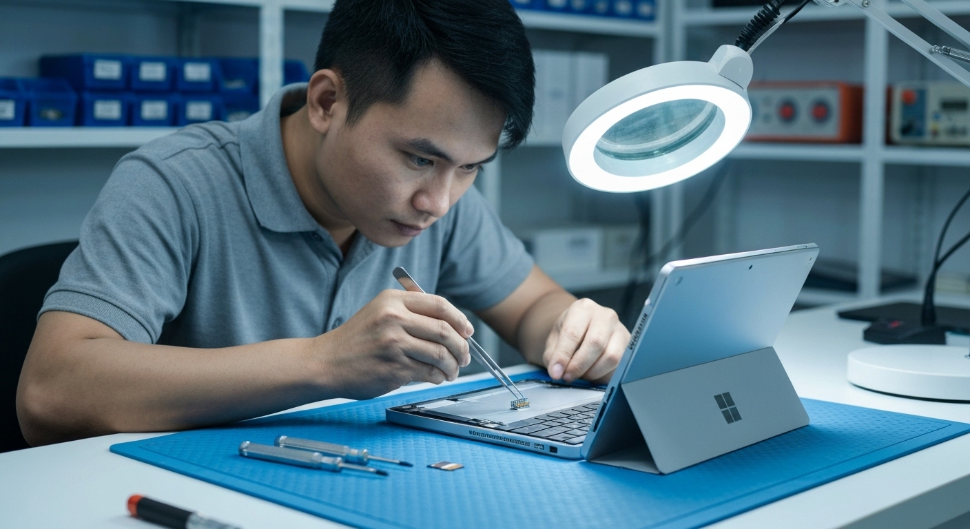 Kỹ thuật viên chuyên nghiệp đang kiểm tra lỗi phần cứng trên một chiếc máy tính Surface.