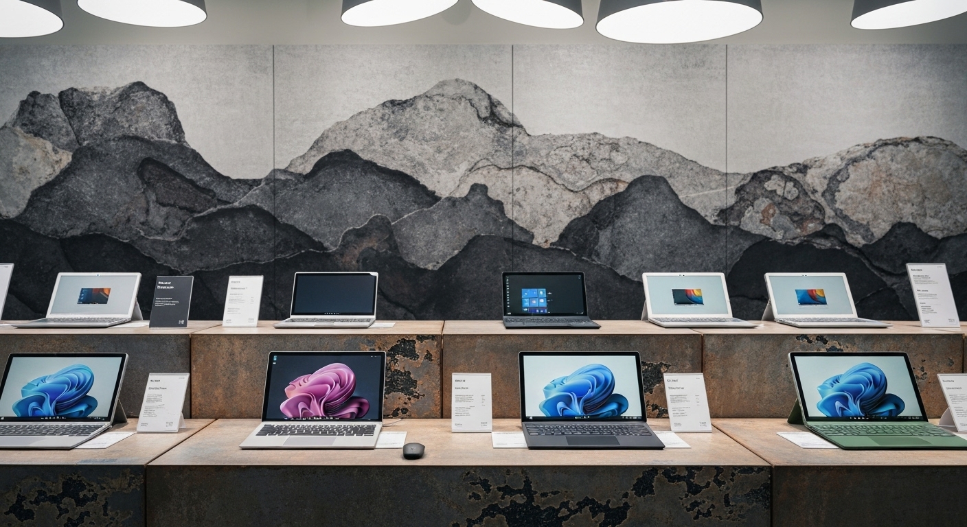 Dãy máy tính Surface mới được trưng bày trong cửa hàng với ánh sáng dịu nhẹ