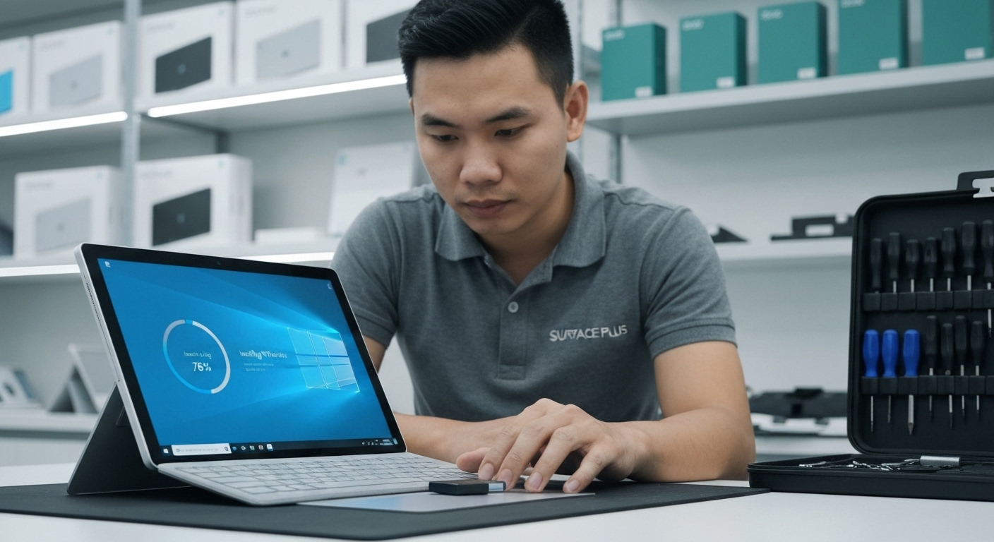 Kỹ thuật viên chuyên nghiệp đang thực hiện cài đặt lại Windows trên một chiếc Surface Pro.
