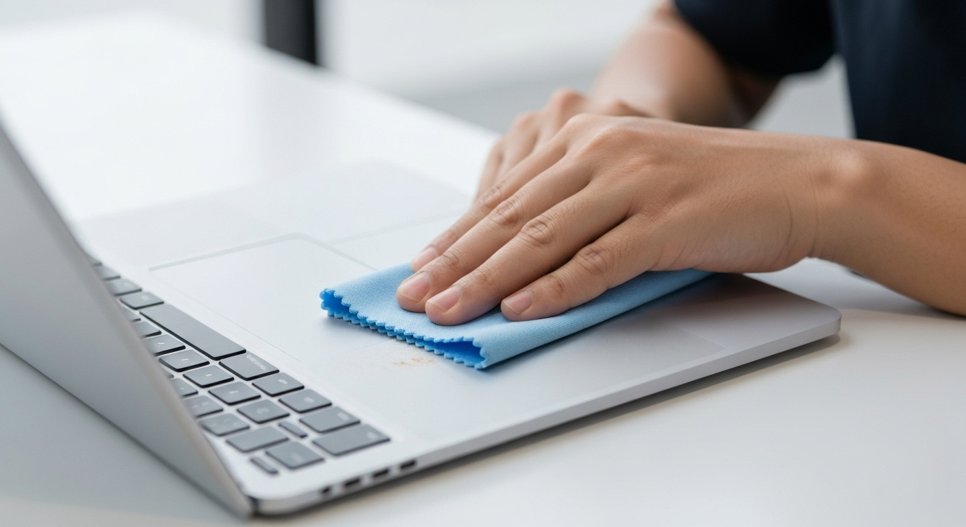 Người dùng đang lau chùi Surface Laptop bằng khăn mềm chuyên dụng