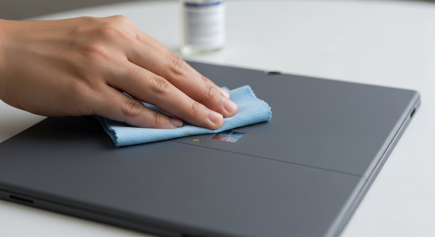Bàn tay đang lau chùi một vết ố nhỏ trên vỏ Surface bằng khăn và dung dịch nhẹ