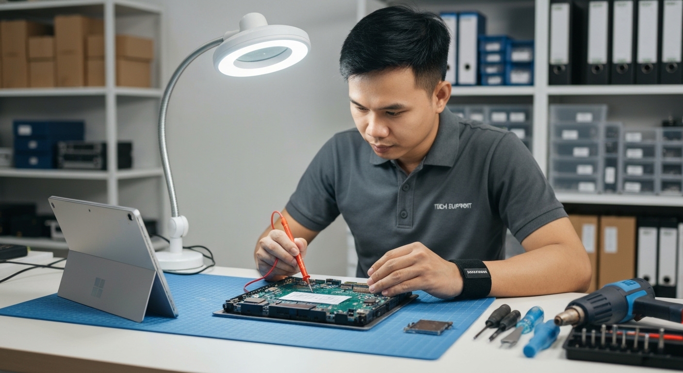 Kỹ thuật viên chuyên nghiệp đang kiểm tra phần cứng của một chiếc máy tính Surface để sửa lỗi mất tiếng.