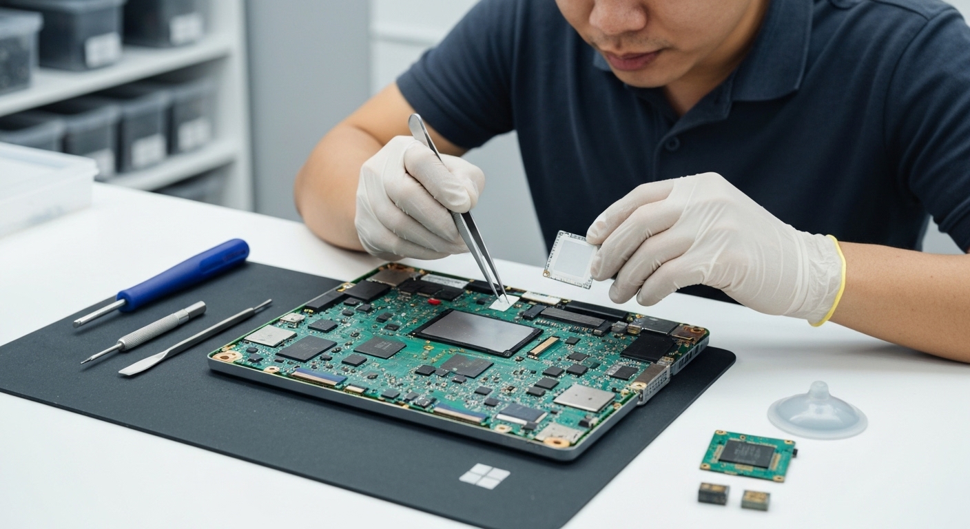 Kỹ thuật viên đang thay thế linh kiện bên trong một chiếc máy tính Surface
