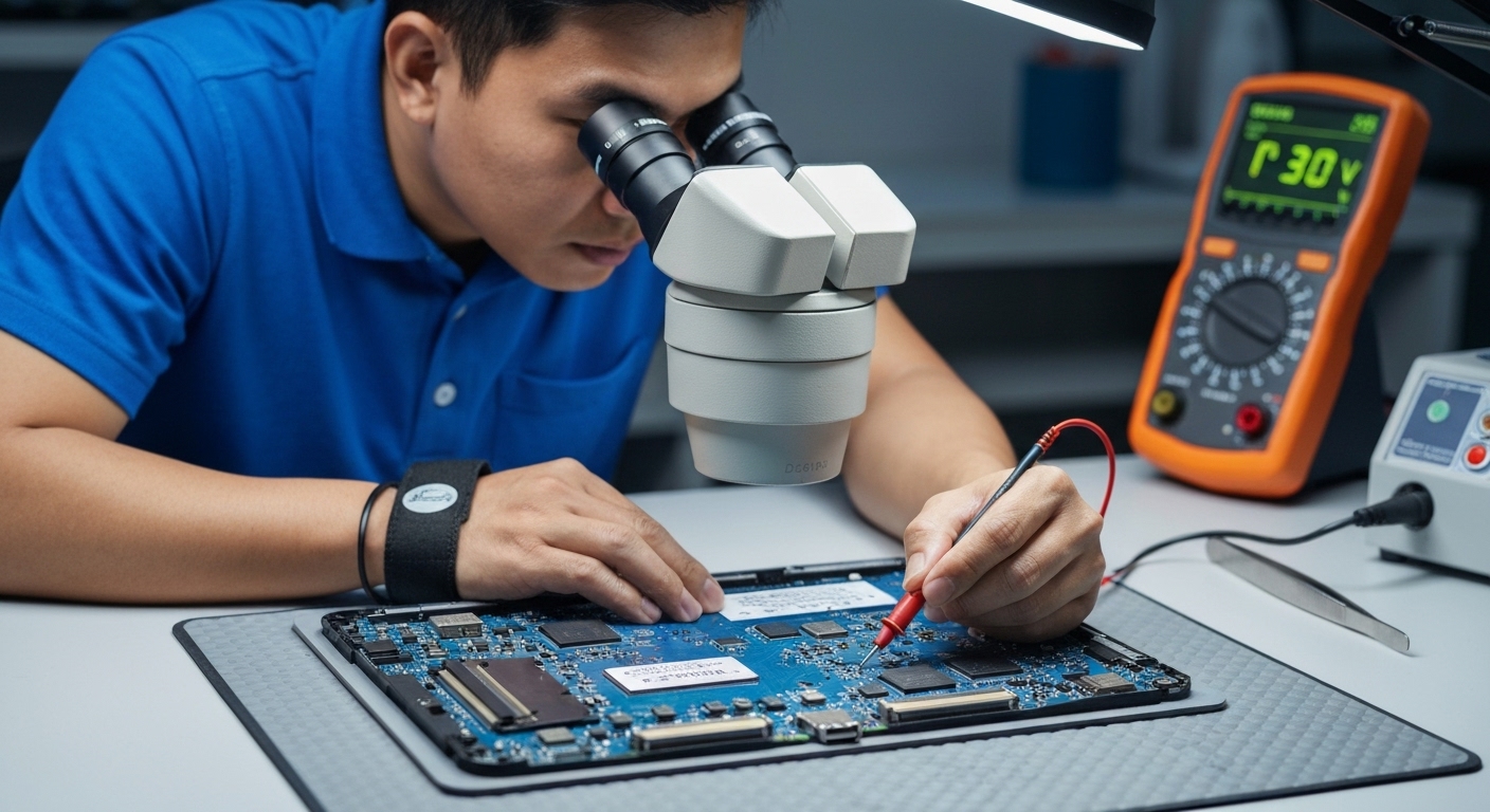 Một kỹ thuật viên chuyên nghiệp đang kiểm tra mainboard của một chiếc Surface Pro để chẩn đoán lỗi phần cứng liên quan đến cổng USB.