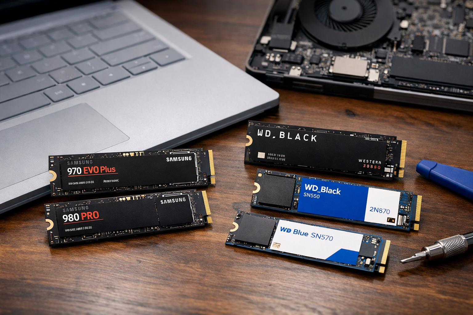 Các loại ổ cứng SSD M.2 NVMe từ các thương hiệu uy tín như Samsung và Western Digital