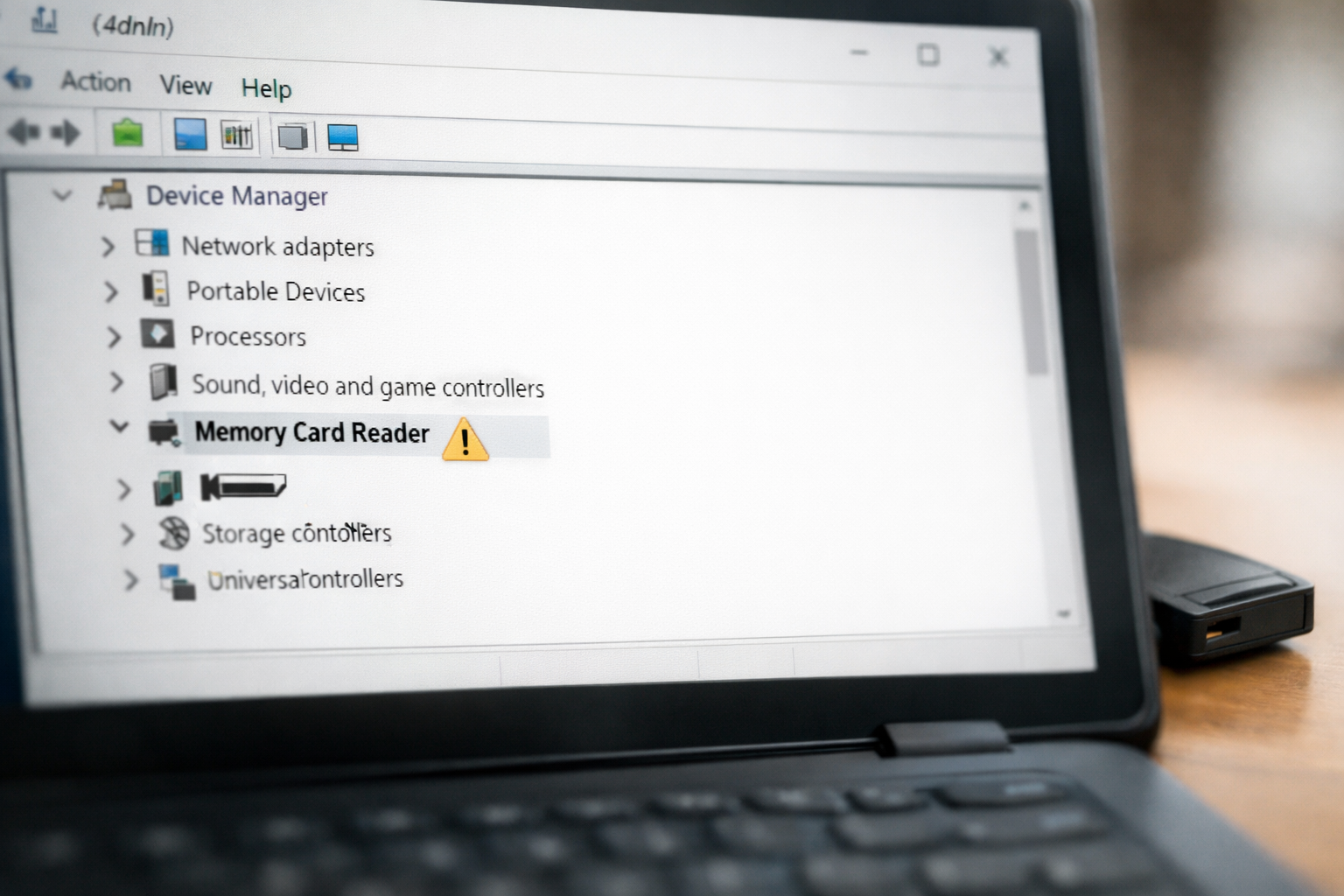 Màn hình Device Manager trên Windows hiển thị cảnh báo lỗi driver cho thiết bị đầu đọc thẻ nhớ