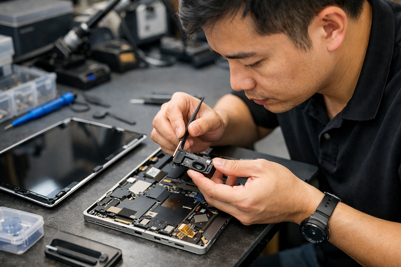 Kỹ thuật viên chuyên nghiệp đang tiến hành tháo máy Surface để kiểm tra linh kiện loa