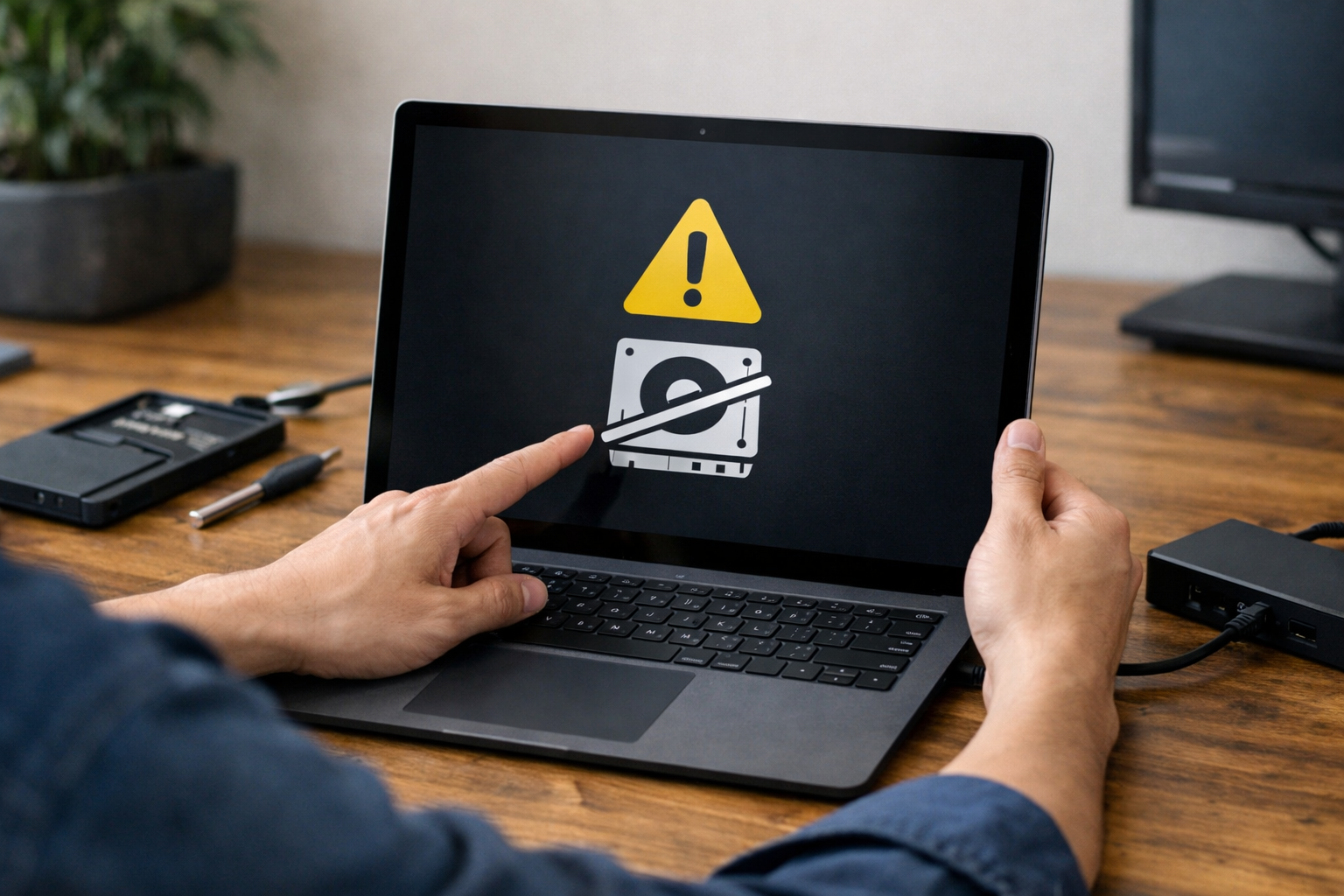 Người dùng đang thao tác kiểm tra các bước khắc phục sự cố phần mềm trên máy tính Surface Laptop.