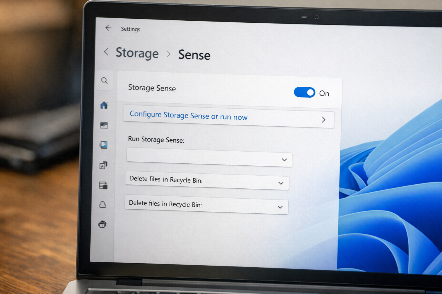 Giao diện cài đặt tính năng Storage Sense trên Windows 11 giúp dọn dẹp ổ cứng tự động