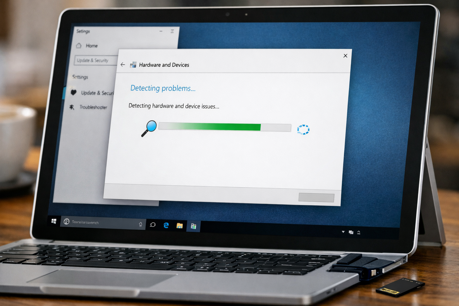 Giao diện công cụ Troubleshooter trên Windows đang tự động tìm kiếm lỗi phần cứng và thiết bị