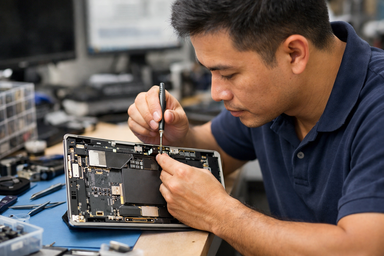 Kỹ thuật viên kiểm tra linh kiện bên trong Surface để khắc phục lỗi camera do phần cứng