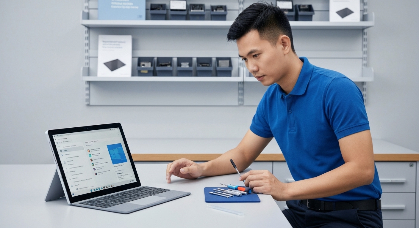 Kỹ thuật viên đang kiểm tra và sửa chữa Surface tại cửa hàng chuyên nghiệp