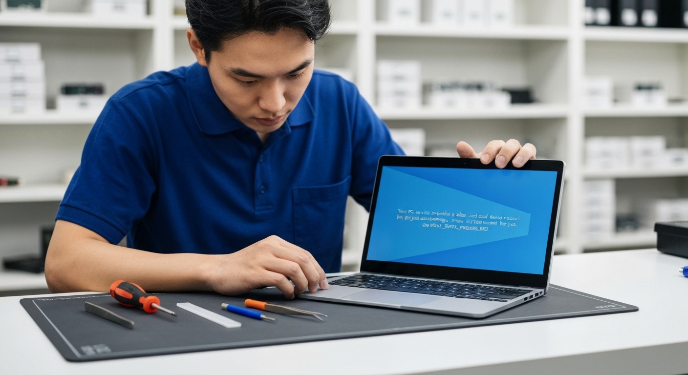 Hình ảnh kỹ thuật viên chuyên nghiệp đang kiểm tra và sửa chữa máy tính Surface