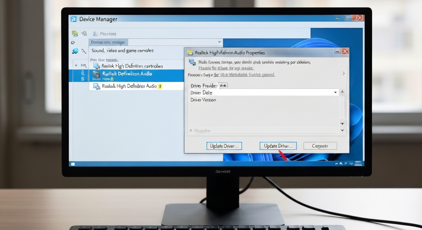 Giao diện Device Manager hiển thị tùy chọn cập nhật driver âm thanh
