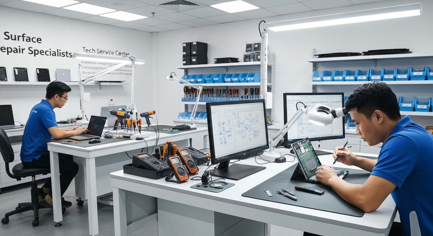 Nội thất một trung tâm dịch vụ Surface chuyên nghiệp với bàn sửa chữa và máy tính