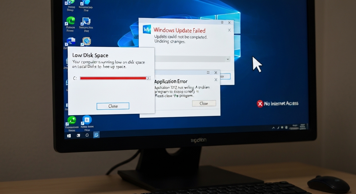 Các biểu tượng lỗi kết nối mạng, ổ đĩa đầy, và xung đột phần mềm